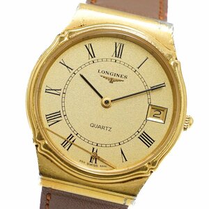 1円 LONGINES ロンジン メンズウォッチ QZ クオーツ デイト 3針 ゴールド 金文字盤 GP 腕時計 ラウンド レザー ブランド 375720240521