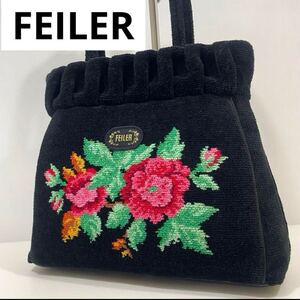 FEILER フェイラー　花柄刺繍 トートバッグ 黒