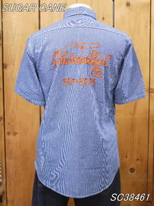 新品 シュガーケーン バック刺繍ジーンコード半袖ワークシャツ M ネイビー SC38461 sugarcane
