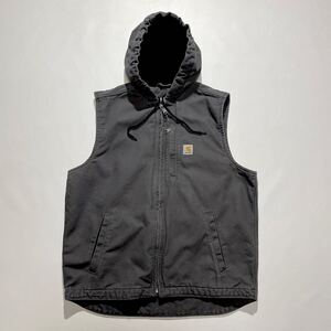 ビッグサイズ☆Carhartt フード付き ダック ベスト L-TALL ヘザーグレー 裏フリース ビンテージ フルジップ ワークベスト パーカー 墨黒