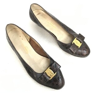 イタリア製☆フェラガモ/Salvatore Ferragamo☆ヴァラリボン/パンプス【size:6.5C/23.0-23.5/茶/brown 】クロコダイル/heels/shoes◇bQ-587