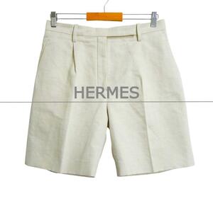 美品 HERMES エルメス サイズ40 コットン×リネン センタープレス ショートパンツ ハーフパンツ アイボリー ベージュ系