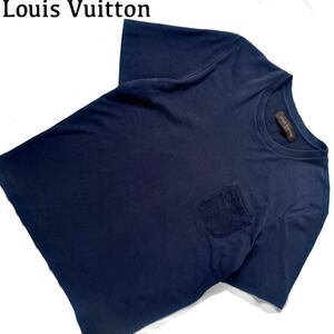 【送料無料】LOUIS VUITTON ルイヴィトン　ダミエ ポケット　Tシャツ　メンズ　半袖　lv ロゴ　XL ネイビー　紺色　