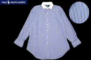 Y-7410★送料無料★美品★Polo by Ralph Lauren ポロ ラルフローレン★正規品 ブルー ストライプ ダブルカフス 長袖 ドレスシャツ 41-84 L