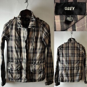 ★【 希少】OBEY オベイ レディース チェック柄 ミリタリーデザイン ブルゾン S ブラウン系 USED品