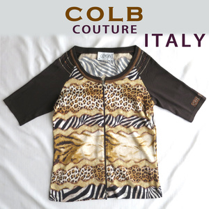 未使用 イタリア製 COLB COUTURE コルブ クチュール★シルク 半袖ブルゾン★アニマル柄 ヒョウ柄 こげ茶 ブラウン イタリー Italy 絹 秋 