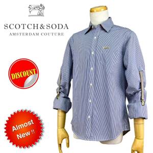 【SCOTCH & SODA★送料込み即決価格!!】ほぼ新品♪♪ スコッチ＆ソーダ ヘアラインストライプ（ブルー）アームガーター付きシャツ Ｓサイズ