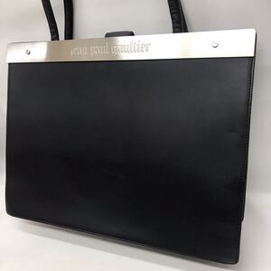 【美品】Jean Paul Gaultier ゴルチェ レザー シルバープレート ハンドバッグ ブリーフケース　ワンショルダー メタルプレート