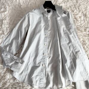 【美品】アルマーニ エクスチェンジ大きいサイズ 長袖 ドレスシャツ 全面総ロゴプリント ホワイト 白 L ARMANI EXCHANGE 羽織 美シルエット