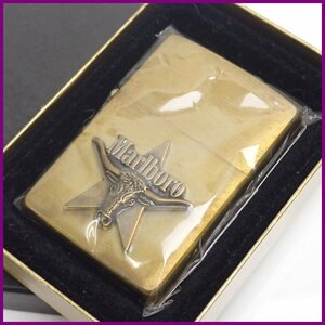 ★1円 未着火品 Zippo/ジッポー Marlboro/マルボロ オイルライター/ゴールド/ロングホーン/スター/1992年製/外箱付き&1844600031