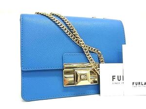 1円 ■極美品■ FURLA フルラ ベネレ レザー チェーン ショルダーバッグ クロスボディ レディース ライトブルー系 FF3179