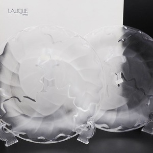 【元箱あり】 ラリック LALIQUE シェーヌ Chene プレート 22.5cm 2枚 クリスタル フロストガラス 木の葉 樫の葉 レリーフ ペア #2