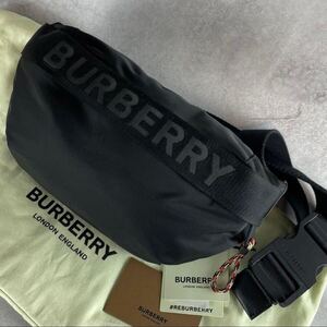 美品 現行タグ◆BURBERRY メンズ ウエストバッグ クロスボディ ショルダー バム 斜め掛け ブランドロゴ デカロゴ ナイロン 本革 バーバリー