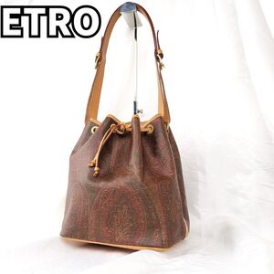 【上品なペイズリー柄★訳あり】　ETRO エトロ　ショルダーバッグ 巾着デザイン 大容量収納 総柄 レザー　ブラウン