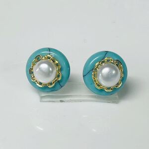 本真珠×ターコイズ　パール6mm 天然パールピアス 　k18仕上げ ダブル