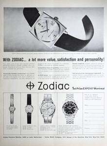 稀少・広告！1967年ゾディアック 時計広告/Zodiac/Automatic Watches/W