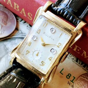 #3017【シックでお洒落】メンズ 腕時計 ブローバ 機械式 手巻き BULOVA 金メッキ 動作品 1950年代 アンティーク ヴィンテージ 17石 四角