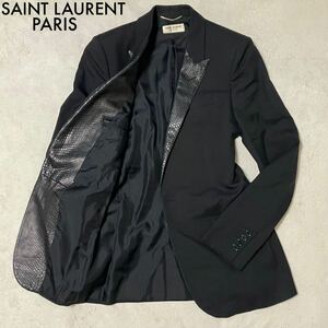 希少素材 ヘビ革 SAINT LAURENT PARIS サンローランパリ スモーキングジャケット パイソンレザー切り替え 蛇革 ピークドラペル シルク100%