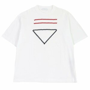 極美品□PRADA プラダ 23SS UJN847 コットン100％ トライアングルロゴ クルーネック 半袖Ｔシャツ カットソー ホワイト S 正規品 メンズ