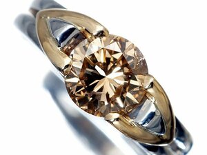 1円～【ジュエリー極】重厚感ある輝き！特大1粒良質天然ブラウンダイヤモンド1.422ct 高級K18YG＆Pt900リング a1159rm【送料無料】