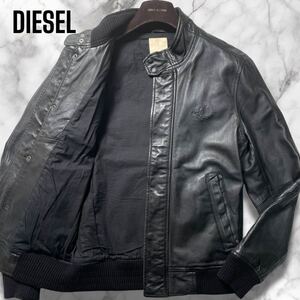 極上羊革!!!【L相当】DIESEL レザージャケット ラムレザー ライダース ブルゾン 型押しロゴ パンチング ブラック 黒 ディーゼル メンズ