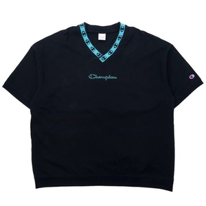 CHAMPION オーバーサイズ スクリプトロゴ VネックTシャツ XL ブラック コットン ヘビーウェイト フロントロゴ刺繍 C3-P312