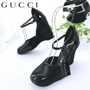 【美品】GUCCI（36.5）エナメル/厚底パンプス/ヒール/スクエアトゥ/黒