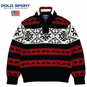 希少! 極美品 90s POLO SPORT ポロスポーツ ラルフローレン ネイティブ柄 ショールカラー ウール ハンドニット セーター M 黒 RALPH LAUREN