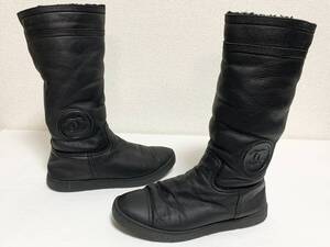 希少 美品 シャネル CHANEL G28518 CCロゴ ココマーク ムートン レザー ロング ブーツ ラバーソール 36 22.5～23cm 黒 ブラック レディース