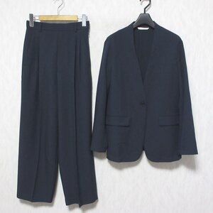 ほぼ美品 24SS qualite カリテ クリスピーリネン ノーカラージャケット＋ワイドパンツ セットアップ スーツ 38/36 ネイビー ◆