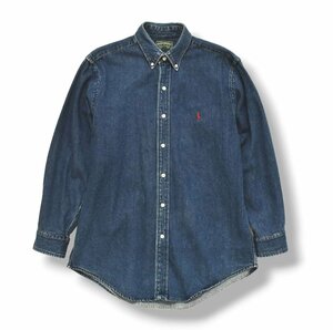 ★美品 濃紺 90s ヴィンテージ ポロ カントリー ラルフローレン POLO COUNTRY 長袖 デニム シャツ L インディゴ ボタンダウン ロゴ 刺繍★