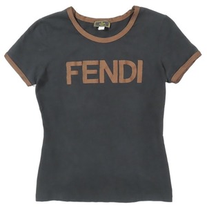 フェンディ FENDI ロゴ パイピング Tシャツ カットソー クルーネック 半袖 プルオーバー ストレッチ トップス 44 L 黒 レディース YBA11