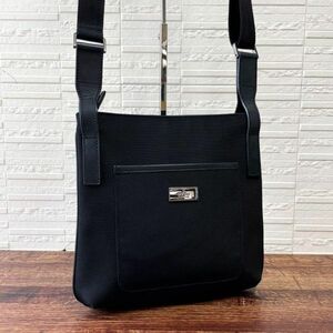 美品 グッチ キャンバス×レザー ショルダー バッグ シルバー金具 ブラック 黒