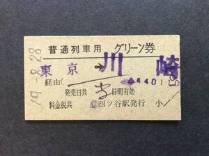 国鉄 普通列車用グリーン券 東京→川崎 昭和49年