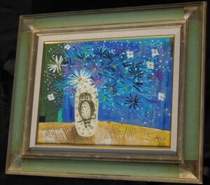 【真作保証】 折橋真理子 そよ風に都わすれ　夜のフクロウモチーフ　絵画　2000年　1月作品　 サイズ W 590 D 500 H 50