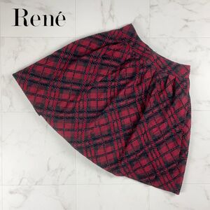 美品 Rene ルネ ツイードチェック フレアスカート 膝丈 裏地チュール レディース ボトムス 赤 レッド サイズ34*LC155