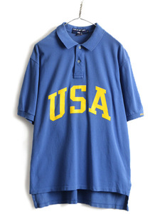 90s USA製 ■ POLO SPORT ラルフローレン USA プリント 鹿の子 半袖 ポロシャツ ( メンズ L ) 古着 90年代 ポロスポーツ 半袖シャツ ブルー