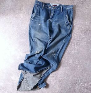 BLUE BLUE ハリウッドランチマーケット 加工デニム パンツ 裾ジップ ジーンズ ワーク クラッシュ リメイク メンズ (29) インディゴ r-144
