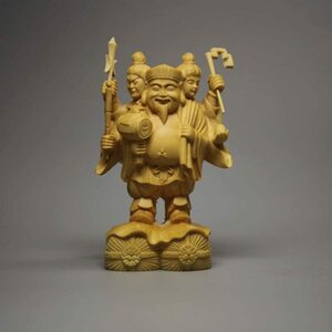 三面大黒尊天（小）柘植製 ＿三面大黒天 木彫り 仏像 七福神 置物 厄除け 開運(Size:10cm)