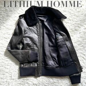 1円【極美品】LITHIUM HOMME リチウムオム オム G-1 ボマージャケット レザー フライト ムートン 羊革 本革 襟ボア 黒 ブラック メンズ