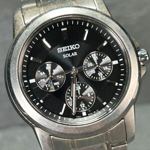 良品 SEIKO セイコー SOLAR ソーラー V14J-0AR0 腕時計 ソーラー アナログ ブラック文字盤 ステンレススチール カレンダー 動作確認済み