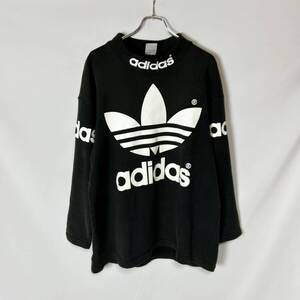 80s 90s 日本製 デサント 正規品 adidas アディダス トレフォイル 両面 ビッグロゴ プリント モックネック スウェット トレーナー 黒 L-O