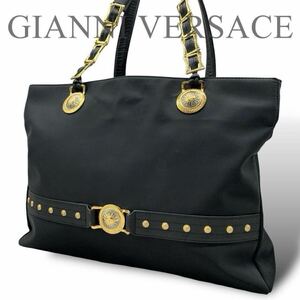 1円～ GIANNI VERSACE ジャンニヴェルサーチ トートバッグ ハンドバッグ 太陽神 サンバースト ゴールド金具 ナイロン 黒 ブラック 肩掛け