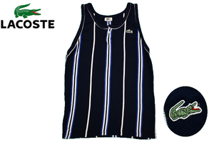 Y-4776★送料無料★美品★LACOSTE ラコステ★ネイビー紺色 ストライプ ワニ刺繍 ヘンリーネック 鹿の子 タンクトップ Ｓ