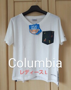 タグ付 Columbia レディースL コロンビア インコ柄 ポケット付 Vネック 半袖 トレッキング Tシャツ ストレッチUVカット 白 未使用 新品