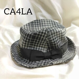 32 【CA4LA】 カシラ ウール リボン チェック 帽子 ハット 春 秋 冬 グレー 黒 ブラック 日本製 HAT 総柄 レディース