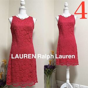 美品！LAUREN ラルフローレン　総レース ワンピース　4 M レッド　赤　LAUREN Ralph Lauren RALPH LAUREN 通年　クリスマス　パーティ