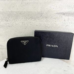 【贅沢品の極み】PRADA プラダ　折り財布 カードケース　コインケース　お札ケース　三角プレート　ナイロン　本革　レザー　ブラック 