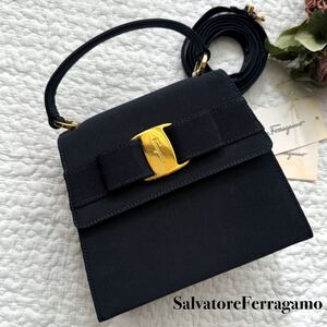 希少 Salvatore Ferragamo フェラガモ ヴァラリボン キャンバス 2WAY ハンドバッグ ミニショルダーバッグ ネイビー