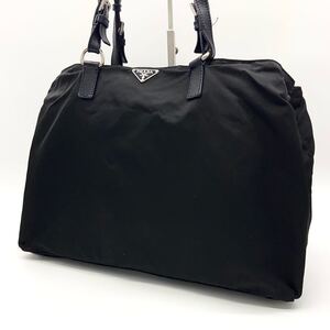 1円 【美品】 プラダ PRADA ハンドバッグ トートバッグ レザー テスートナイロン ブラック 黒 三角ロゴプレート シルバー 金具